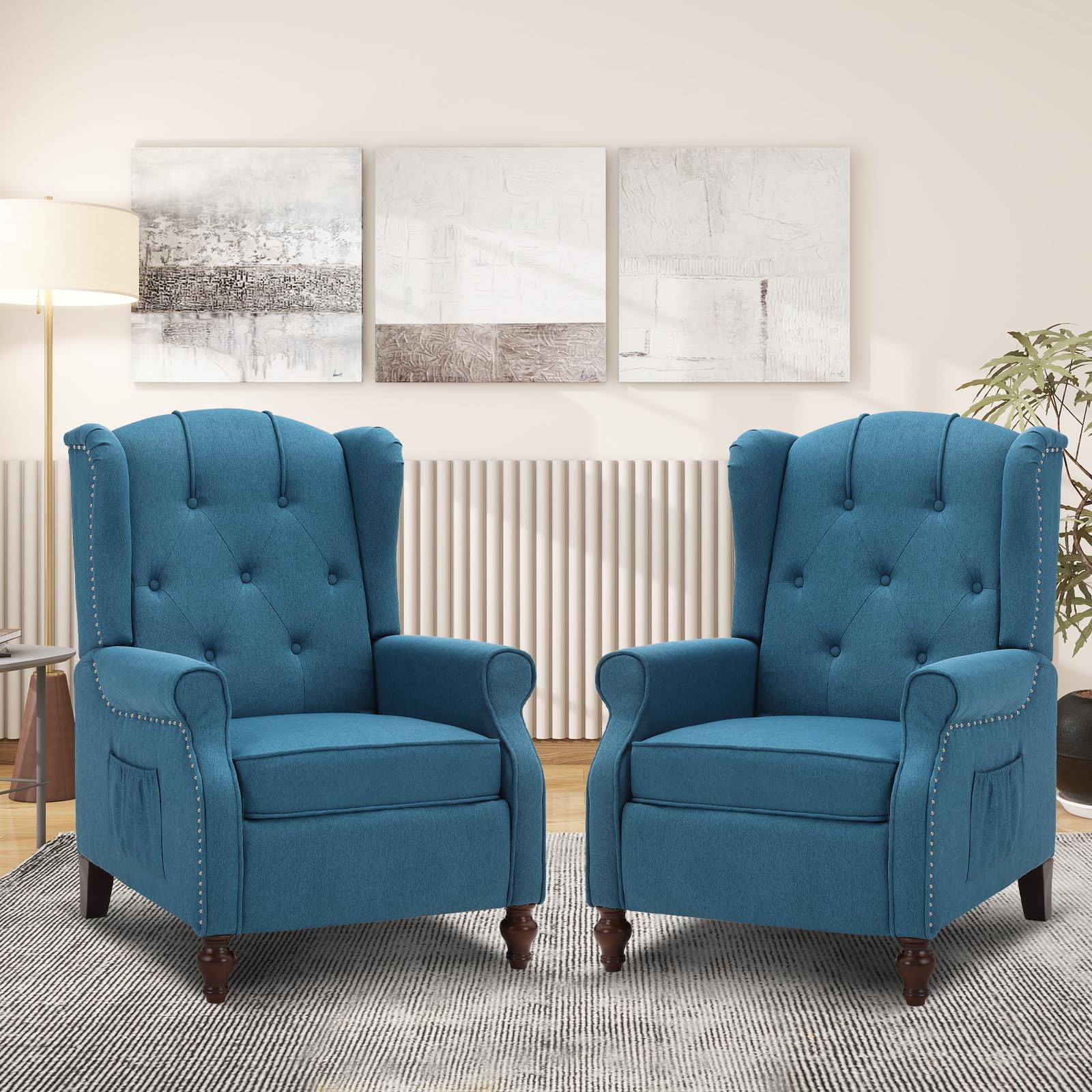 P.H.Furn Wingback Recliner Chair with Massage and Heat, Upholstered Fabric Living Room Chair Armchair with Nailhead Trim,Push Back Recliner Chair with