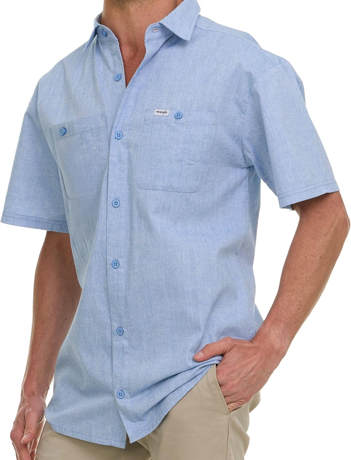 Wrangler Button Up Shirts for Men Big and Tall - Chambray Woven Short Sleeve Casual Shirt - Image 2