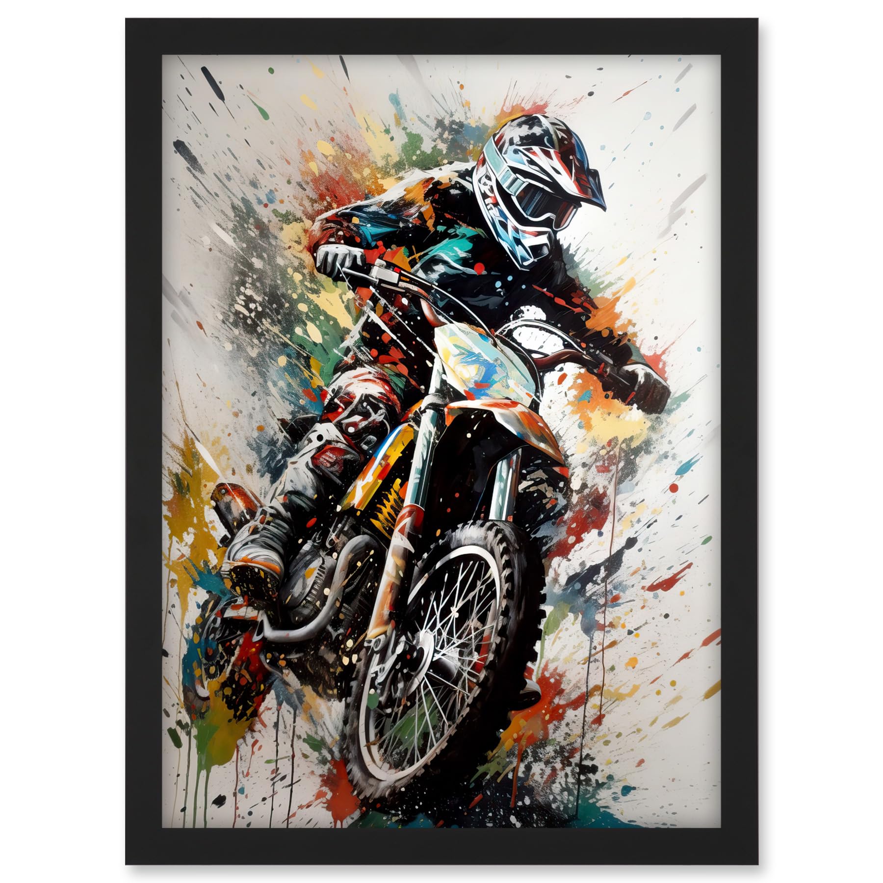 Artery8 Motocross Racer Paint Splat Action Shot Portrait Artwork Framed A3 Wall Art Print