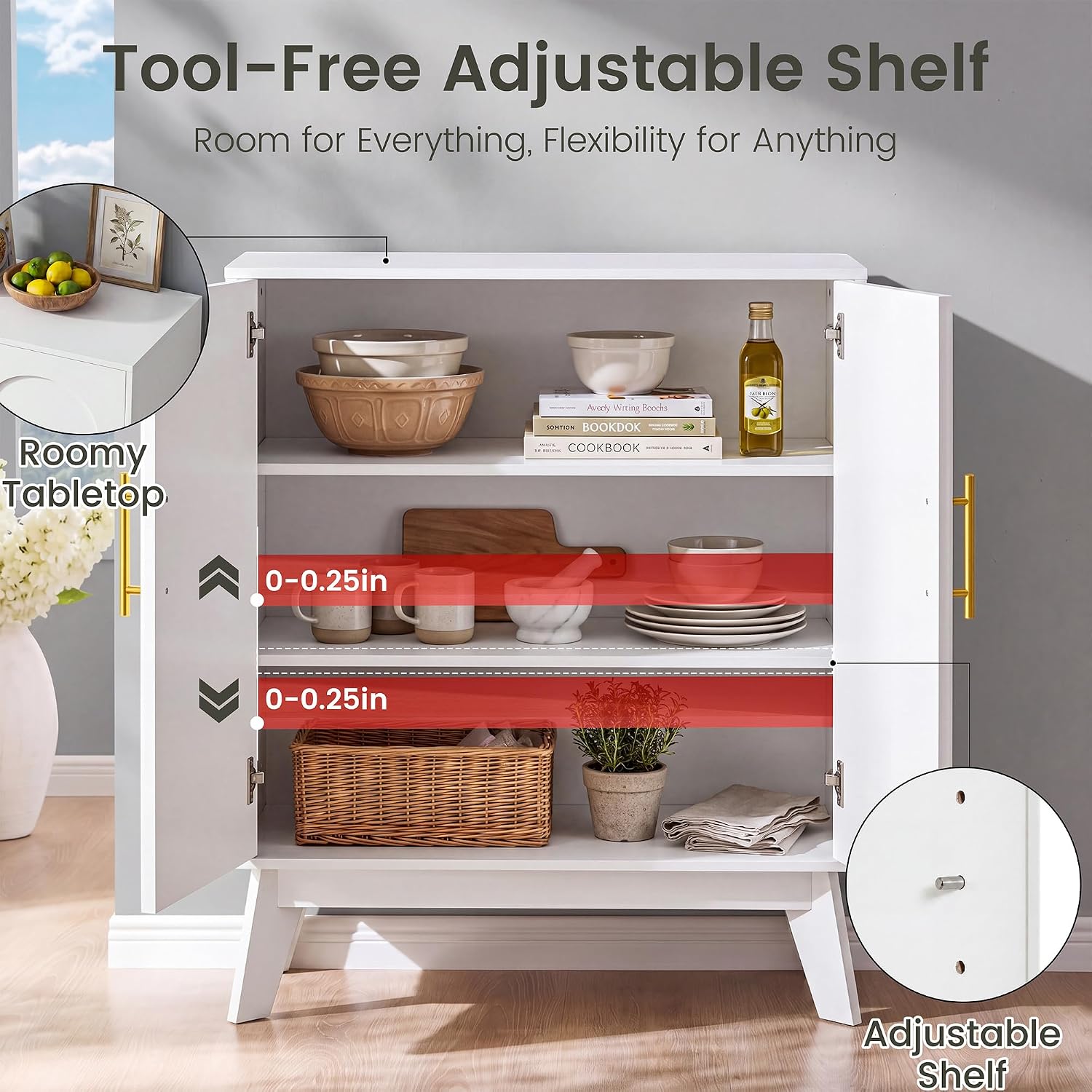 Modern Buffet Cabinet with Storage, Sideboard Storage Cabinet with Arched Doors, Solid Wood Legs & Adjustable Shelf, Coffee Bar Cabinet for Kitchen, Living Room, White