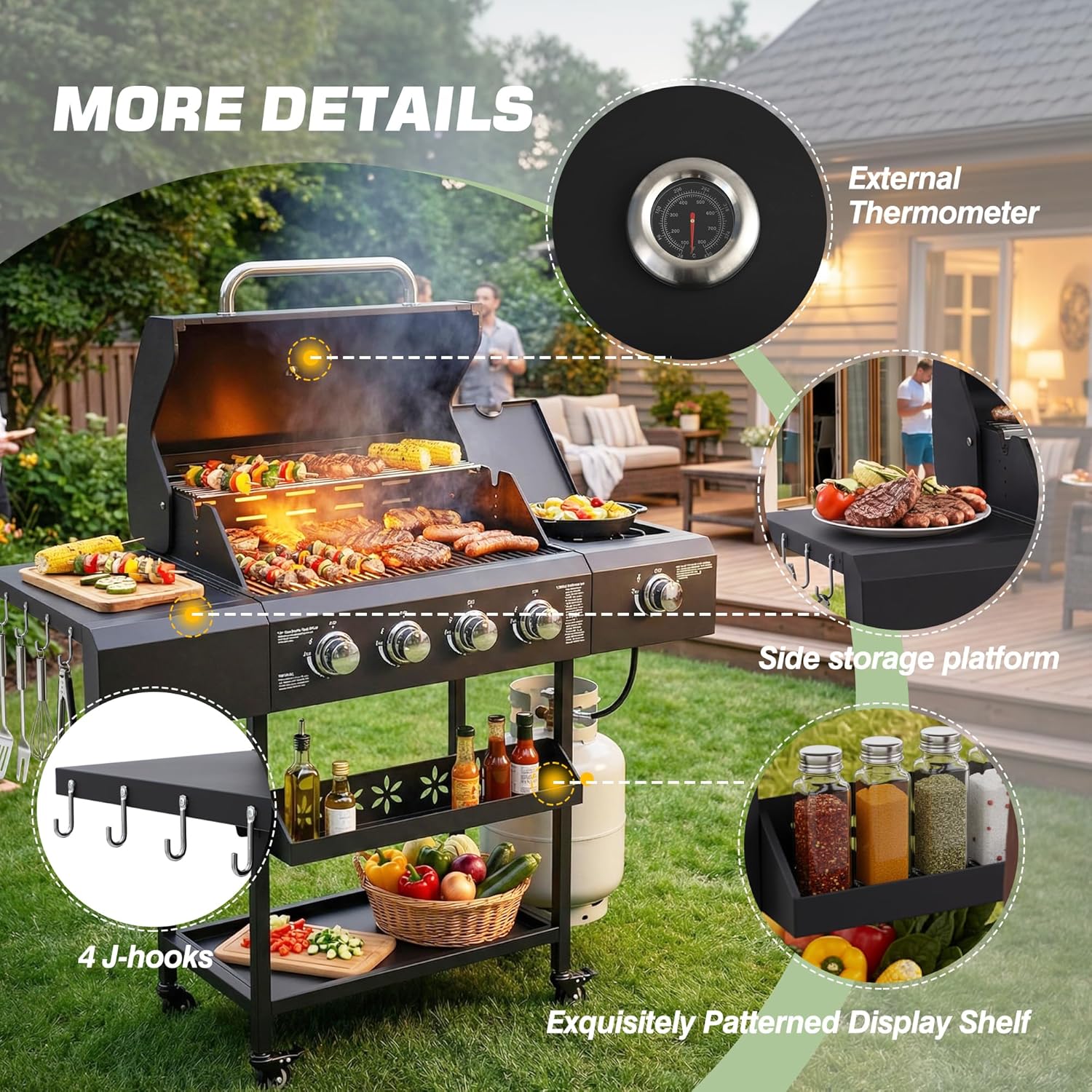 Grepatio 4 Burner Gas Grill with Side Burner, Outdoor BBQ Grill Propane 50,000 BTU, Barbecue Grills with Enameled Cast Iron Grates, 4 Wheels and 4 Hooks, Outdoor Cooking Grills for Patio Backyard