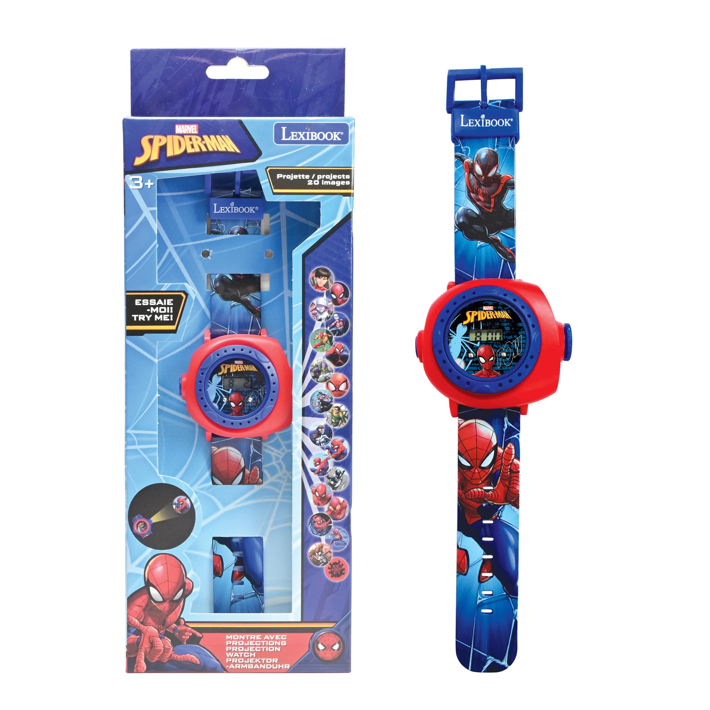 LEXIBOOK Spider-Man Adjustable Projection Watch Digital Screen – 20 Images of Spider-Man and his Friends – for Children/Boys - Red and Blue - DMW050SPLXB