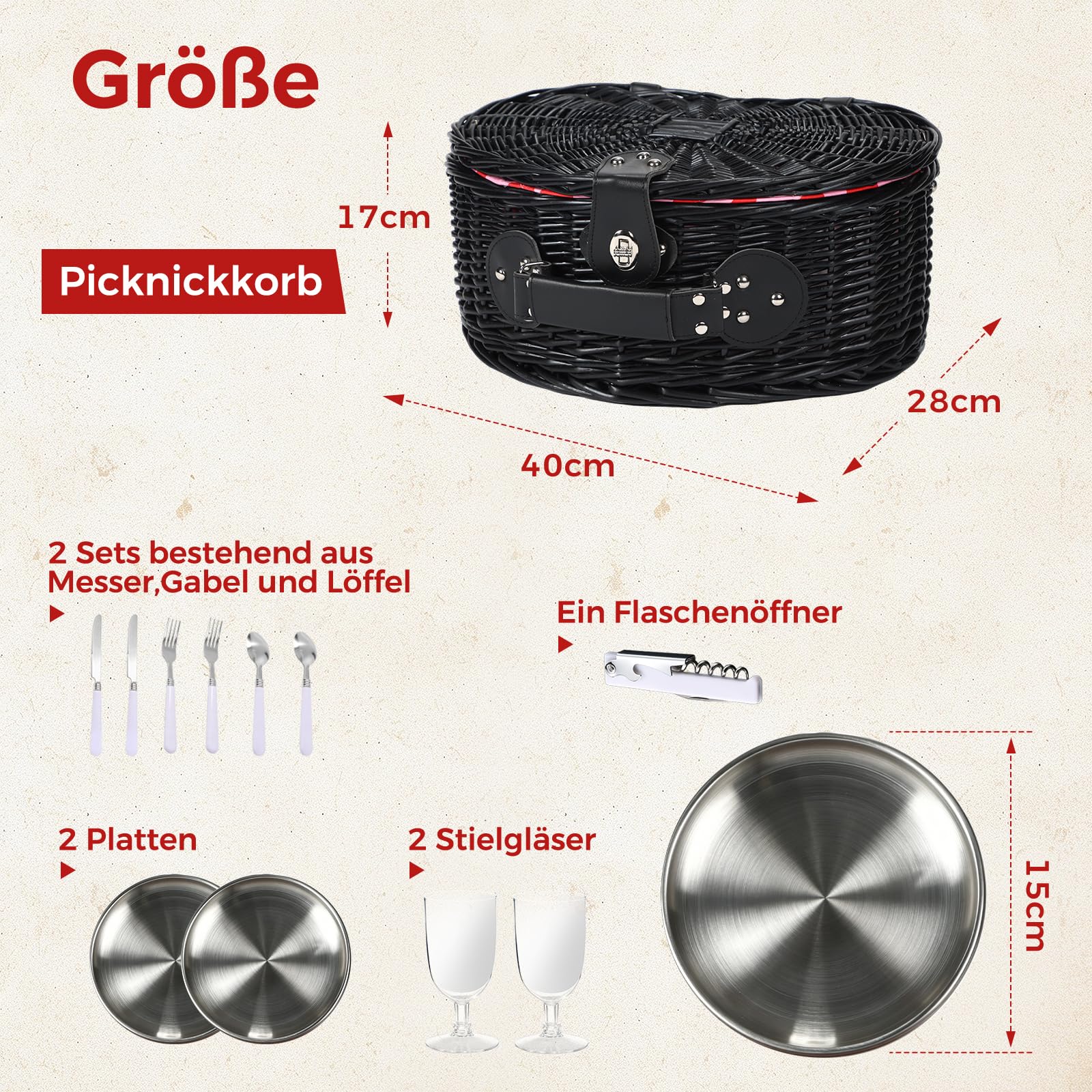 Set di cestino da picnic per 2 persone con apribottiglie, set di posate, per campeggio, spiaggia, escursionismo, barbecue e regali per famiglia/coppie, accessori