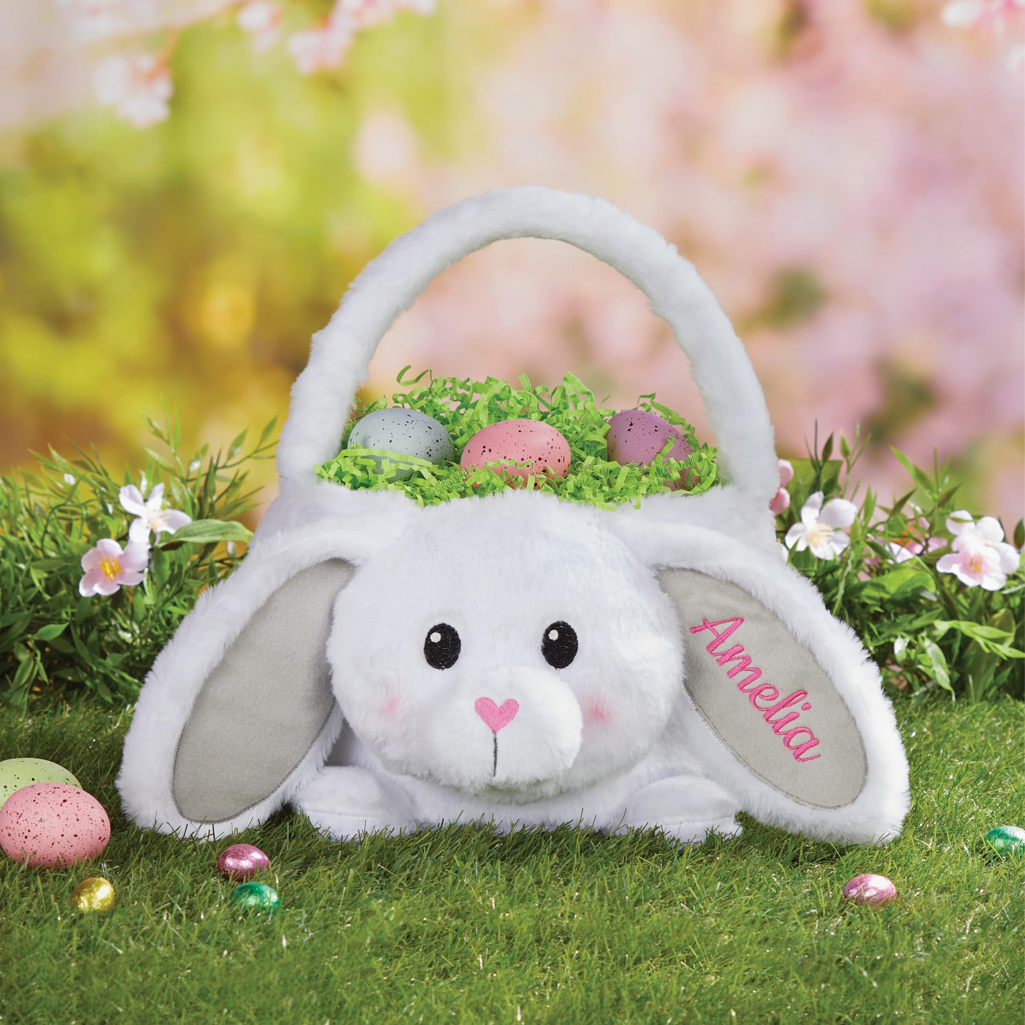 Personalized Plush Easter Bunny Basket with Custom Name Embroidered in Teal Thread | Soft White Fur Easter Bag with Bunny Ears and Handle | Customized Easter Basket (Pink Thread)