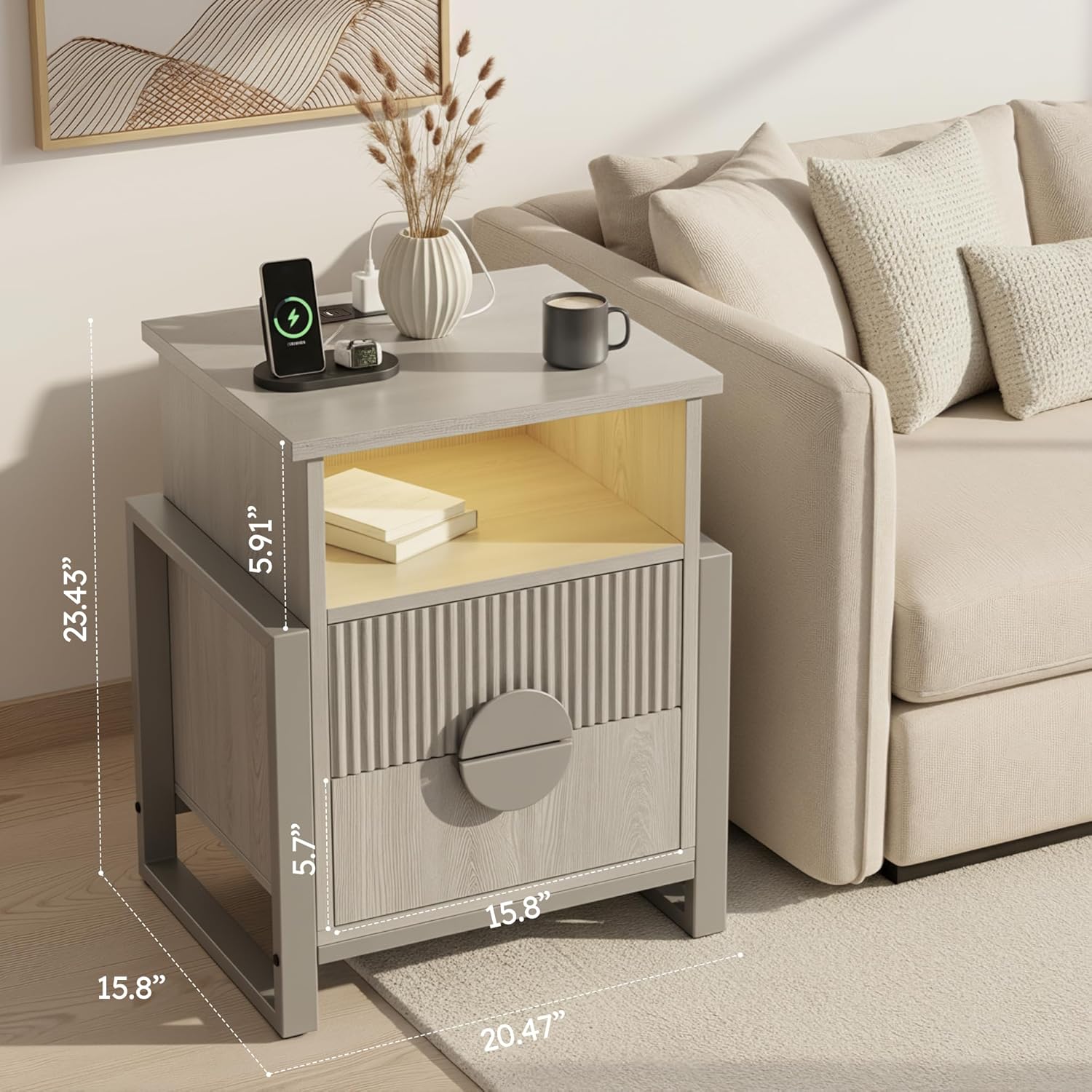 Fluted Nightstand with Charging Station and LED Lights, 20" Night Stand with 2 Drawers, Large Bed Side Table with Raising Legs and Curved Profile Design for Bedroom, Grey