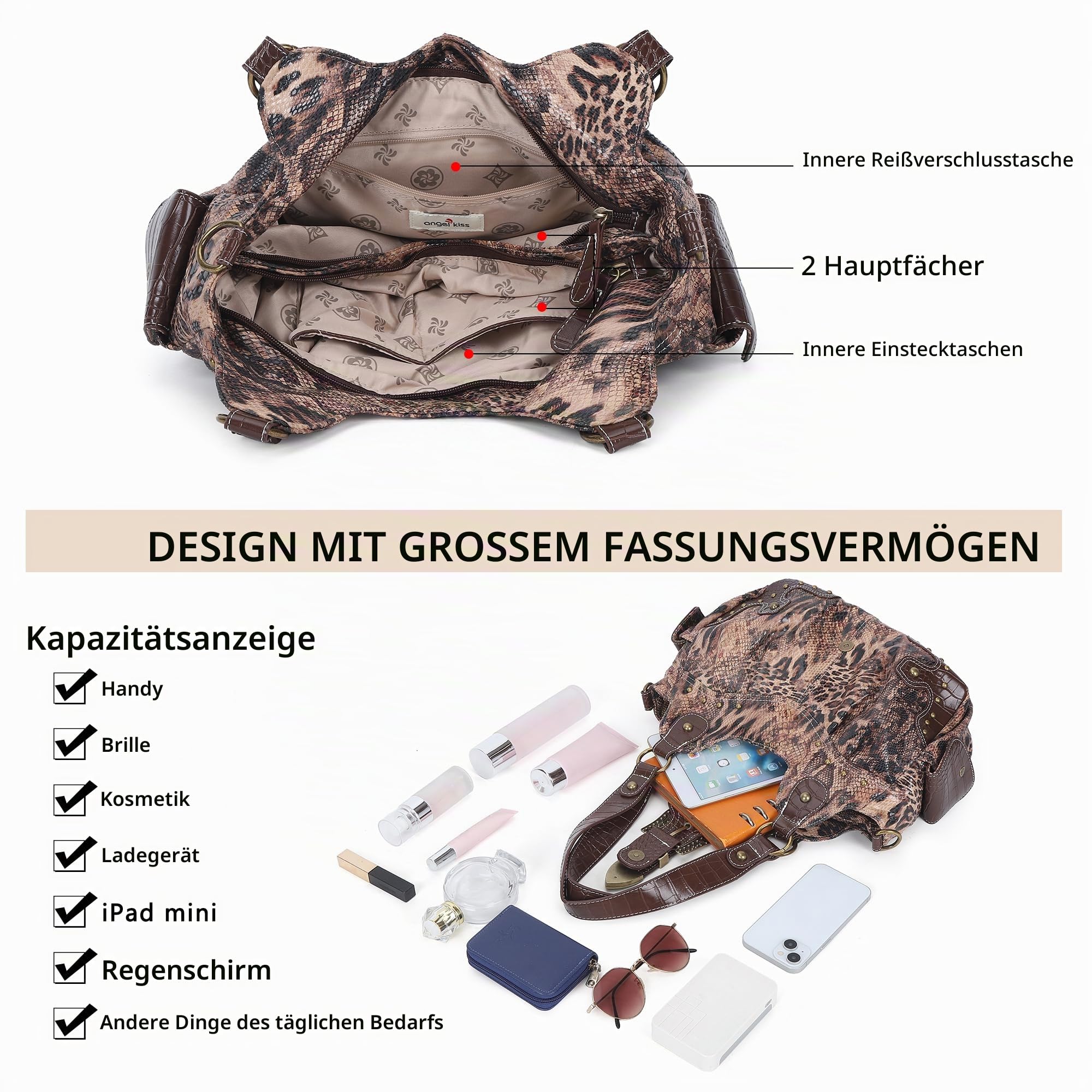 Angel Kiss Damen Handtasche Hobo Mittelgroß Shopper Weiches PU mit Metallnieten Wasserdicht Multifunktionale Reißverschluss viele Fächer Retro für Frauen Dating Party Alltag Büro Arbeit