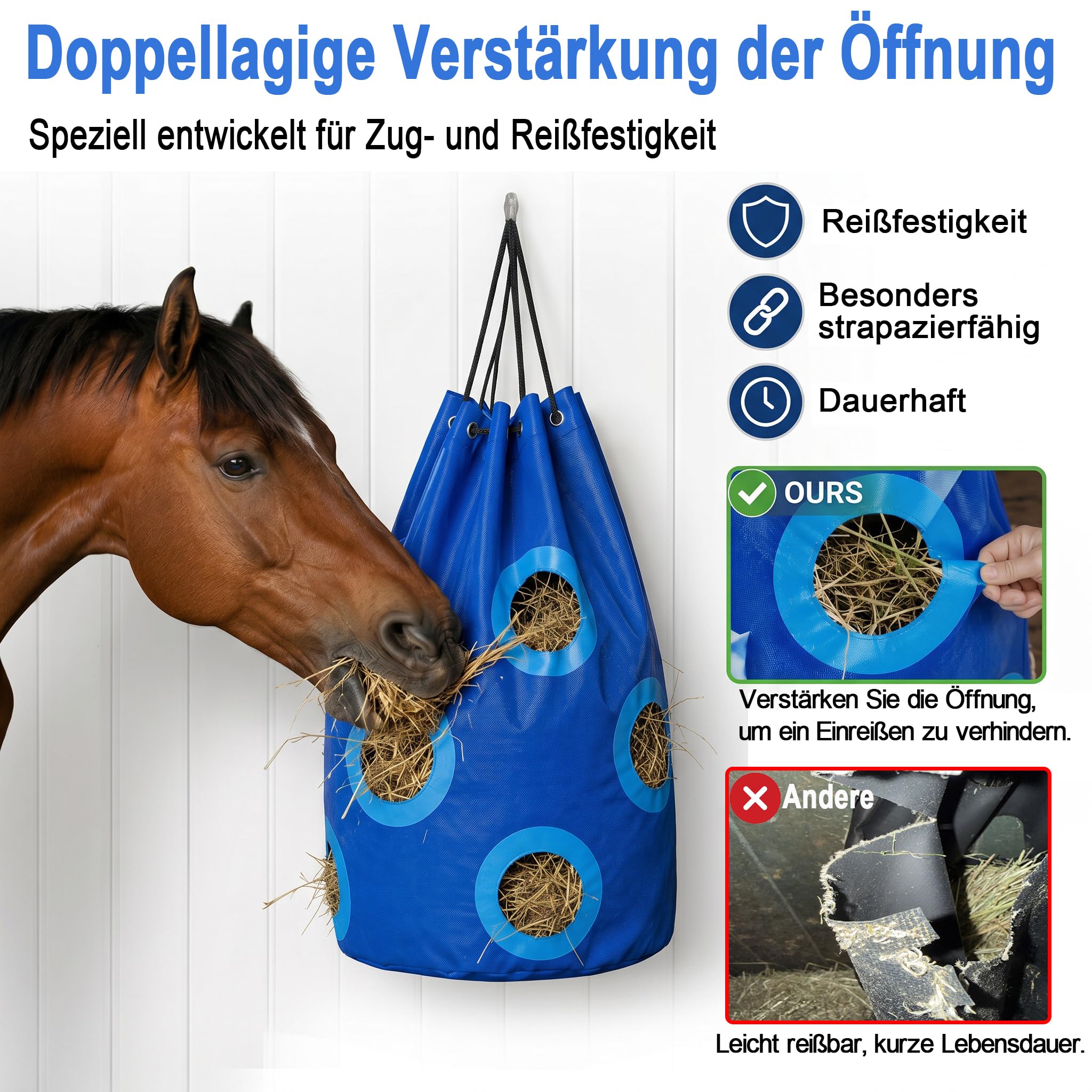 Heunetz für Pferde Verstärktes Futterloch 70x40cm Strapazierfähig Reißfest Blau