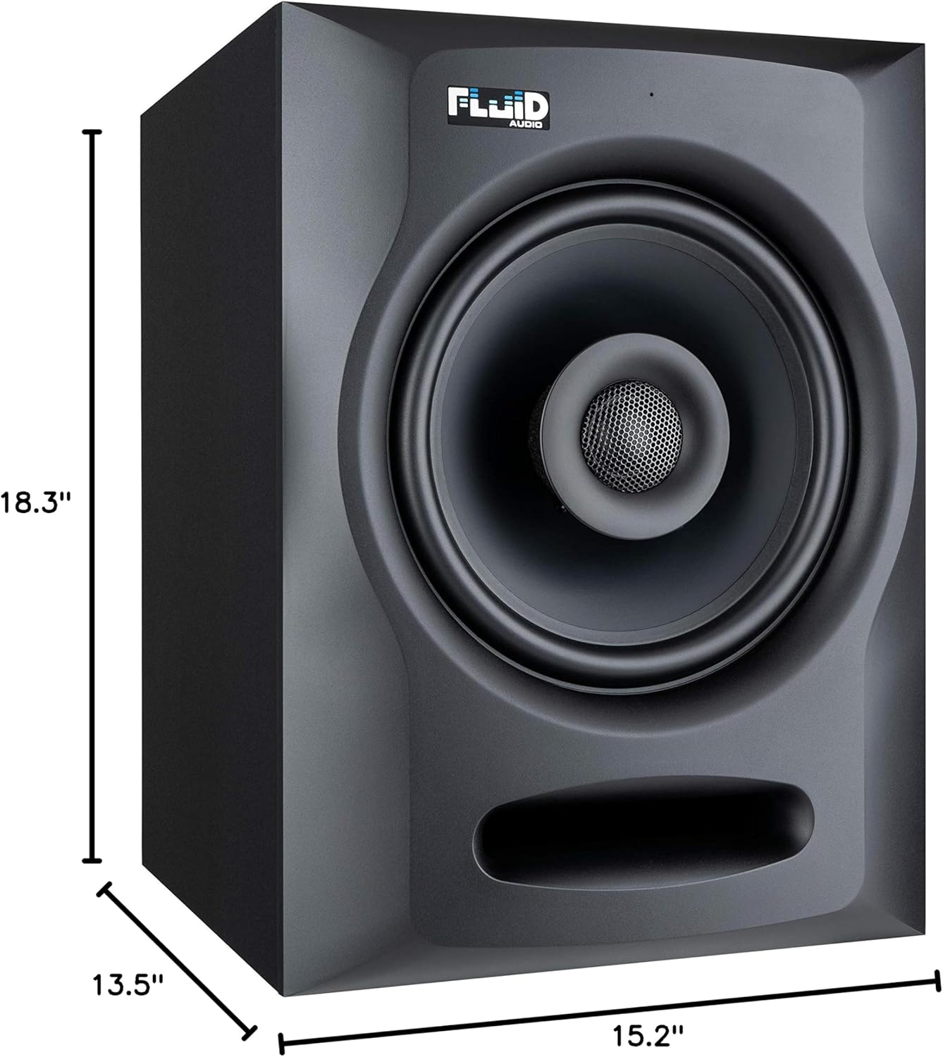 Dimensions of the Fluid Audio FX80 monitor.
