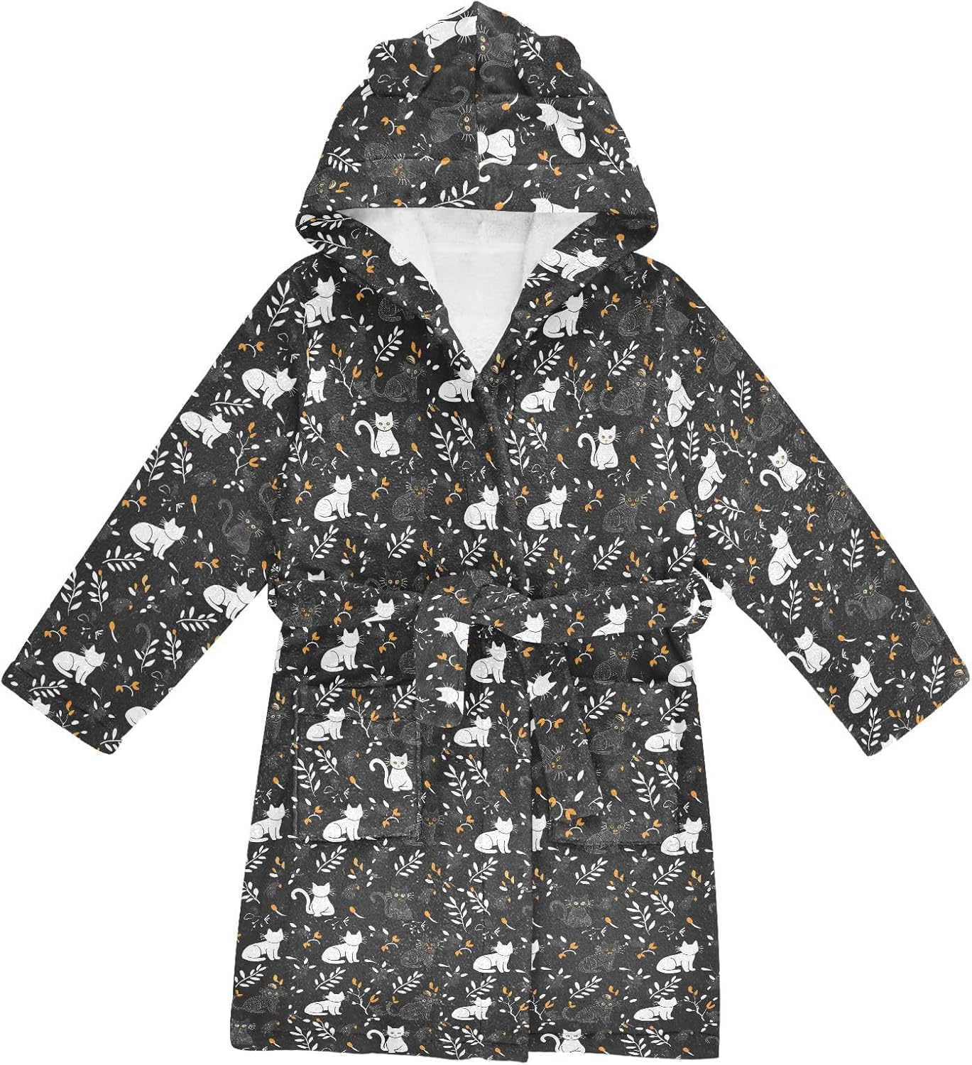 senya Flower Cat Black Toddler Hooded Bathrobe Kids Soft Plush Bath Towel Robes for Boys Girls 2-12 Years
