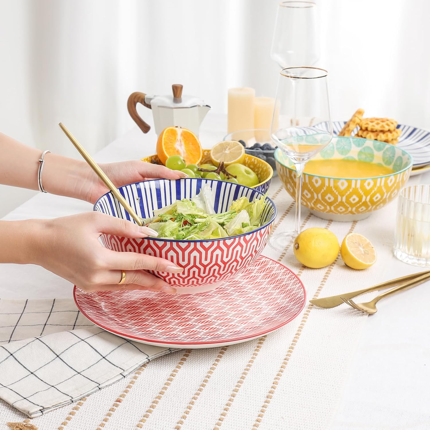 Selamica Ceramic Large Salad Bowls Set, 53 OZ Pho Bowls 8 Inch Soup Bowls for Kitchen, Large Serving Bowls for Ramen Pasta Fruit Dinner, Stackable & Sturdy, Set of 3, Assorted Colors - Image 3