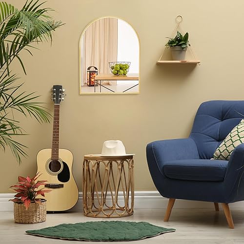 Miniatura 6 de Espejo arqueado pequeño dorado de 10 x 13 pulgadas para baño, espejo de tocador o decoración de pared, espejo de arco de metal cepillado, espejo