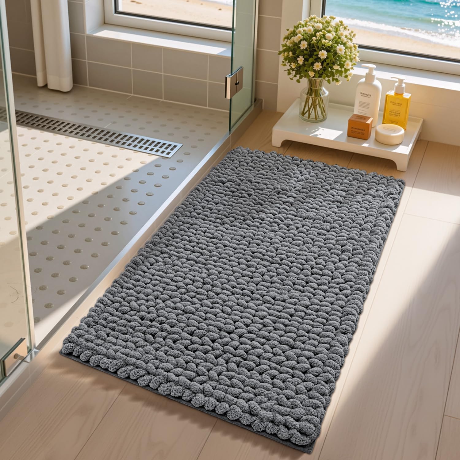 LUMI Luxury Bathroom Rug, Ultra Soft Quick Dry Bath Mat, Non-Slip Absorbent Thick Chenille Bath Rug, Cozy Braid Design Floor Mat for Bathtub, Sink, Laundry, Bedroom, Grey, 17"x30"
