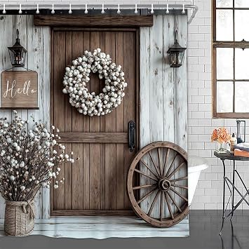 Drgilau Rustic Barn Door Shower Curtain, Farmhouse Wooden Shower Curtain Vintage Country Cotton Flowers Bathroom Curtain Decor Waterproof Bath Curtain Sets with 12 Hooks, Brown-1 72X72 Inch