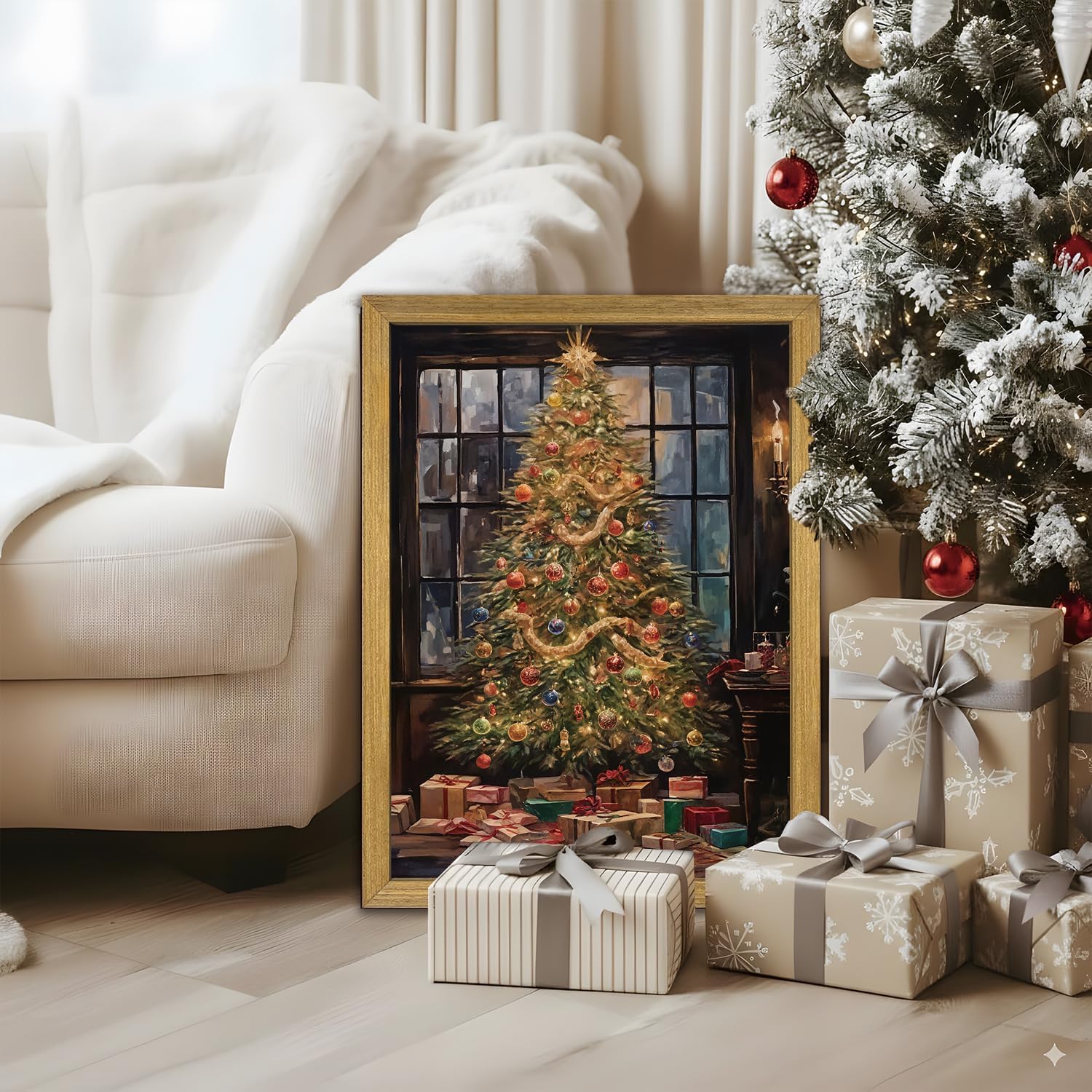 Christmas Canvas Wall Art, Vintage Christmas Tree Decor, Living Room Pine Tree Decorations, Winter Cottagecore, Decor for Bedroom Bathroom Xmas Holiday Decorations Gifts 16x24 Inch Wood Framed image 2