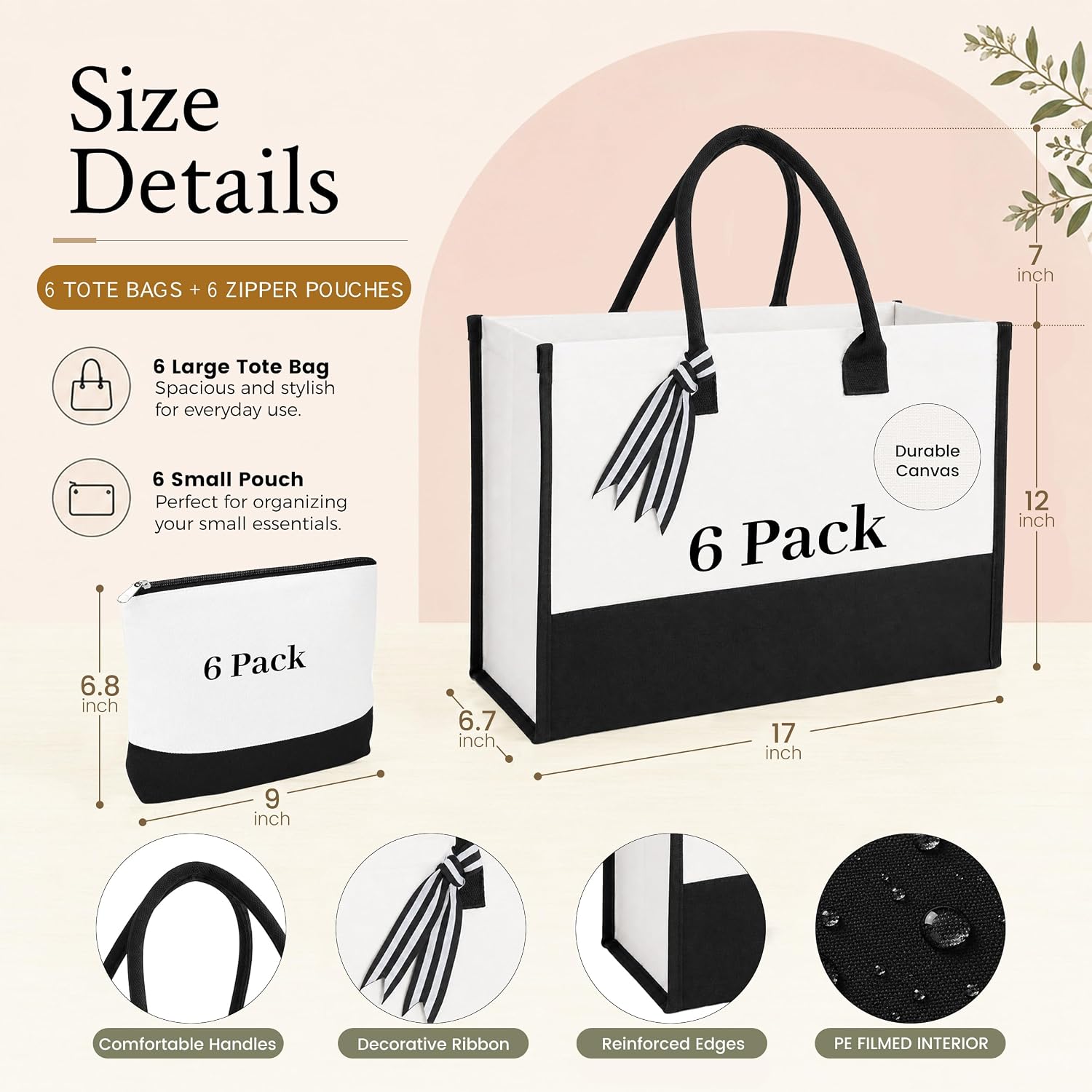 Joyclub Bundle of 12 PCS Personalized Canvas Tote Bags Bulk with Makeup Bags and Canvas Tote Bags 20 Pack Large 18.5 x 15 x 4 in Long Handle image 4