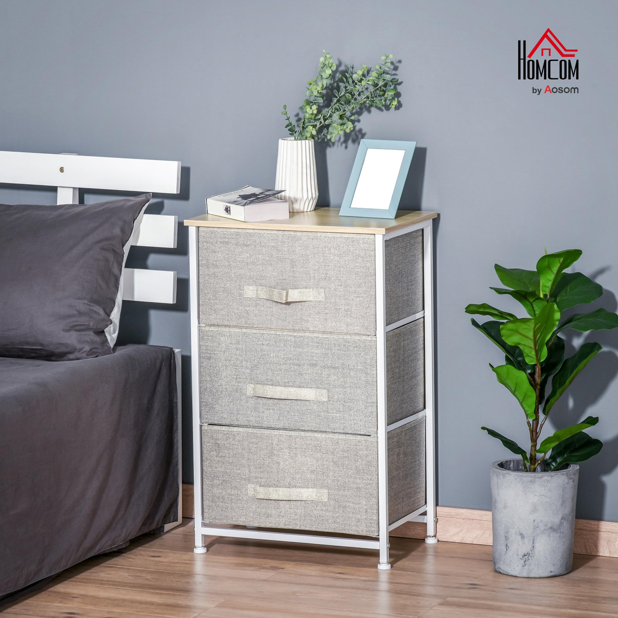 HOMCOM Cómoda con 3 Cajones de Tela, Cómoda para Dormitorio, Marco de Acero, Cajonera para Salón, Oficina, Vestidor, Gris