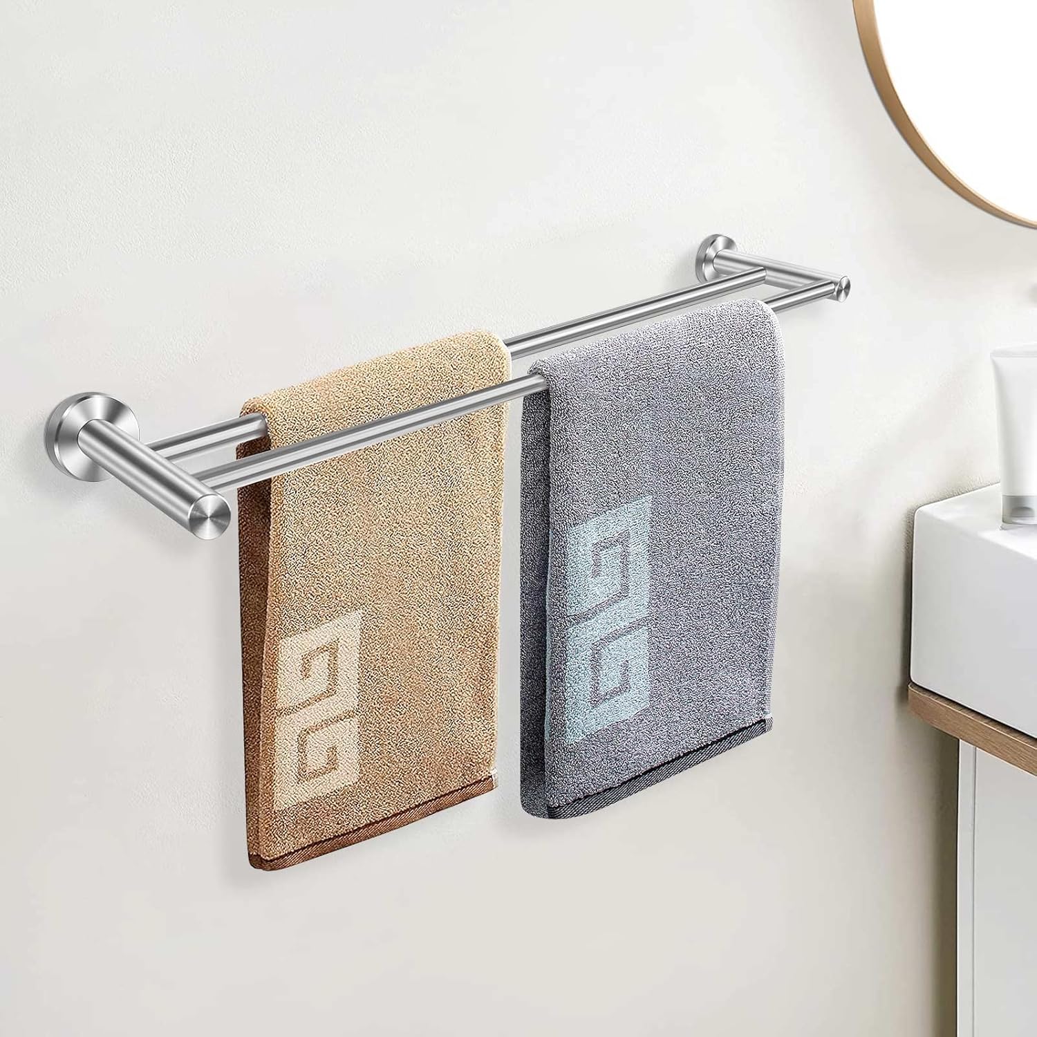 TONIAL Double Towel Bar Rack 25 Inch (2.1 Feet) - Upgraded SUS304 Stainless Steel Bath Towel Rack Holder for Bathroom Wall Mounted, Classic Brushed Finish (Total Length 26.4 Inch) : Tools & Home Improvement