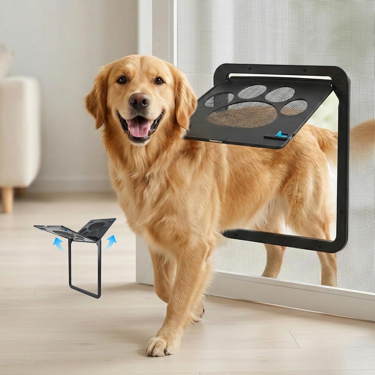 PetPrime Dog Door for Screen Door with Flap Opening 12×14 inches,Lockable Auto-Close Magnetic Large Pet Door for Dogs,Suitable for Sliding Screen Door,Easy Install,Large