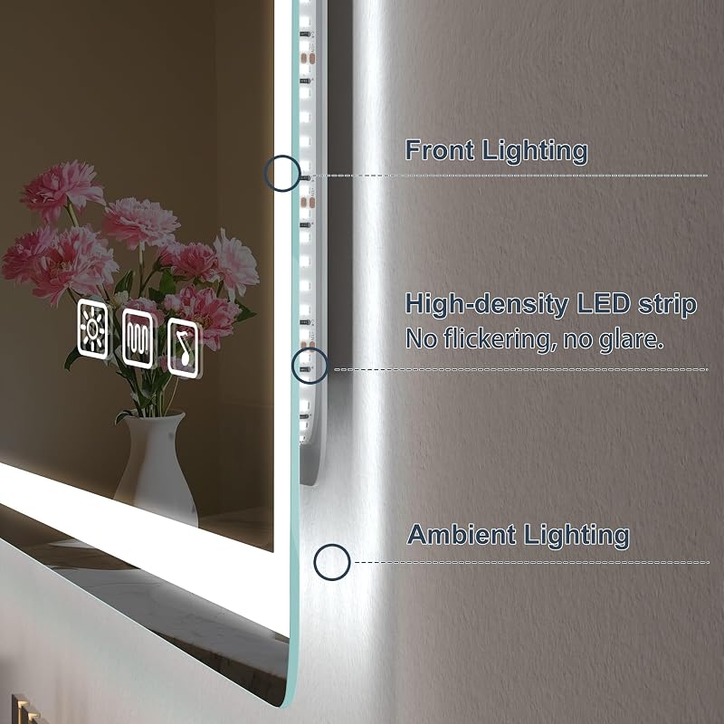 S'bagno Fürdőszobai Tükör Hangszóróval és LED Világítással, 100x70 cm, Bluetooth , Páramentesítővel, Érintésvezérléssel