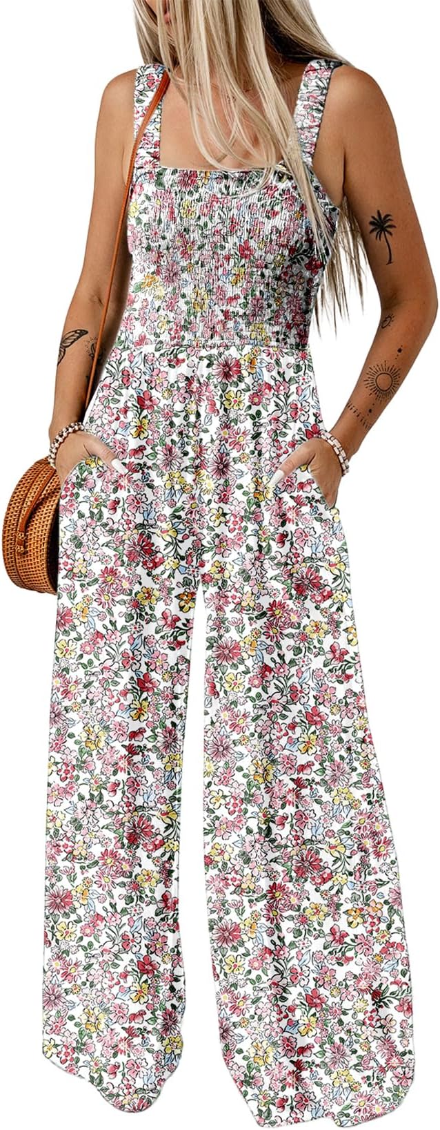 Women's Casual Loose Overalls Jumpsuits One Piece Sleeveless Printed Wide Leg Long Pant Rompers With Pockets