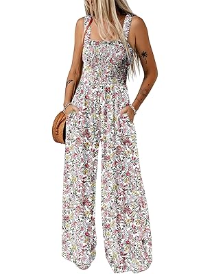 Dokotoo Women's Casual Loose Overalls Jumpsuits One Piece Sleeveless Printed Wide Leg Long Pant Rompers With Pockets