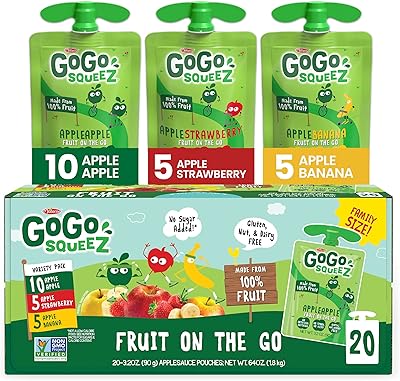 GoGo squeeZ Fruit on the Go Variety Pack, Apple, Banana & Strawberry, 3.2 oz (Pack of 20), Unsweetened Fruit Snacks for Ki...