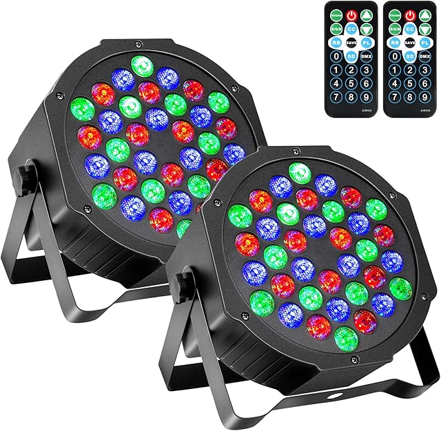 Litake 36 LED Stage Lights, Party Disco DJ Lights RGB 7 Lighting Modes Sound Activated Remote DMX Control Strobe Par Lights with UK Plug,2 Pack
