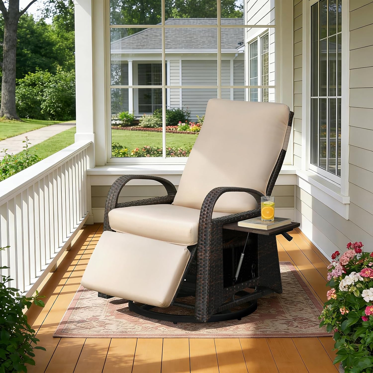 Skypatio Outdoor Patio Swivel Recliner Chair, Independently Adjustable Backrest and Footrest Patio Wicker Reclining Lounge Chair with Flip Side Table for Indoor, Balcony, Porch(Light Khaki)