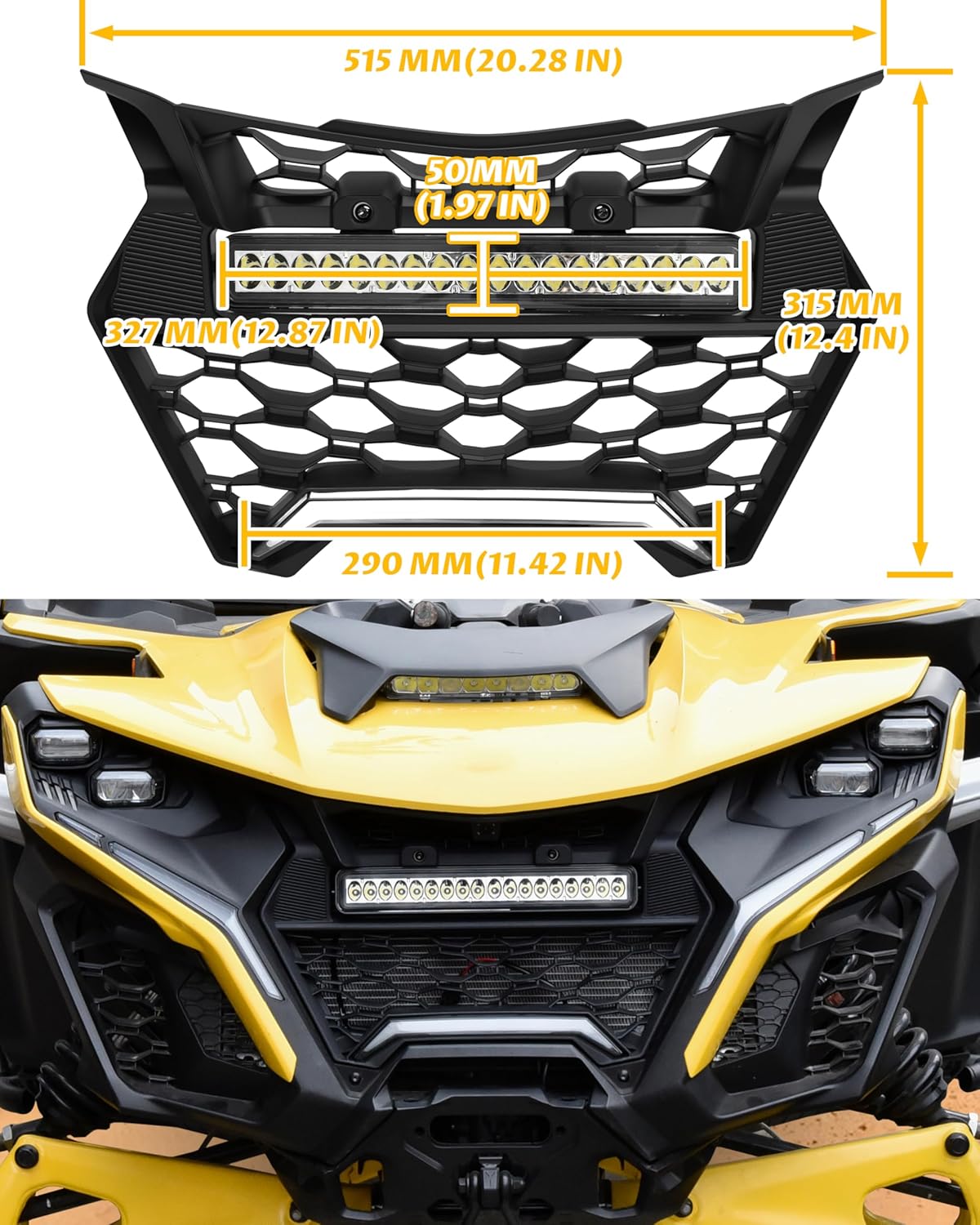 SAUTVS Front Grille with LED Light Bars for Can-Am Maverick R & R MAX X RS 2024+ Models, IP67 Waterproof Mesh Grill with High-Brightness Dual Lights