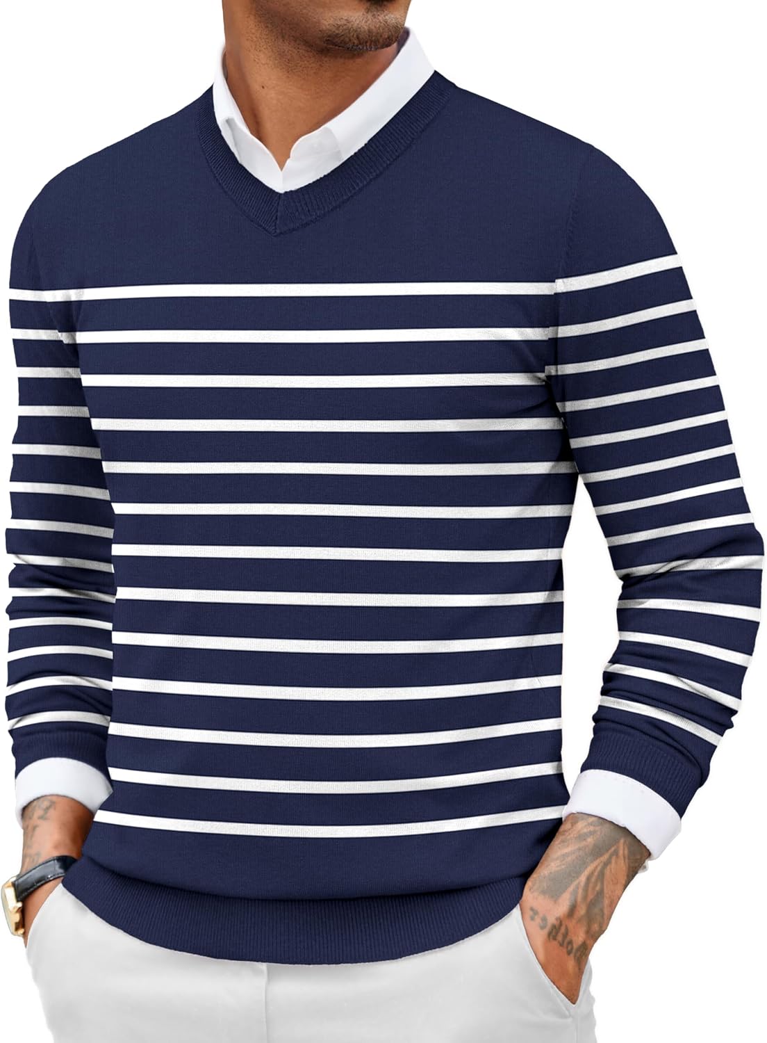 COOFANDY Men Casual V Neck Sweater Ribbed Knit Slim Fit Long Sleeve Pullover Top