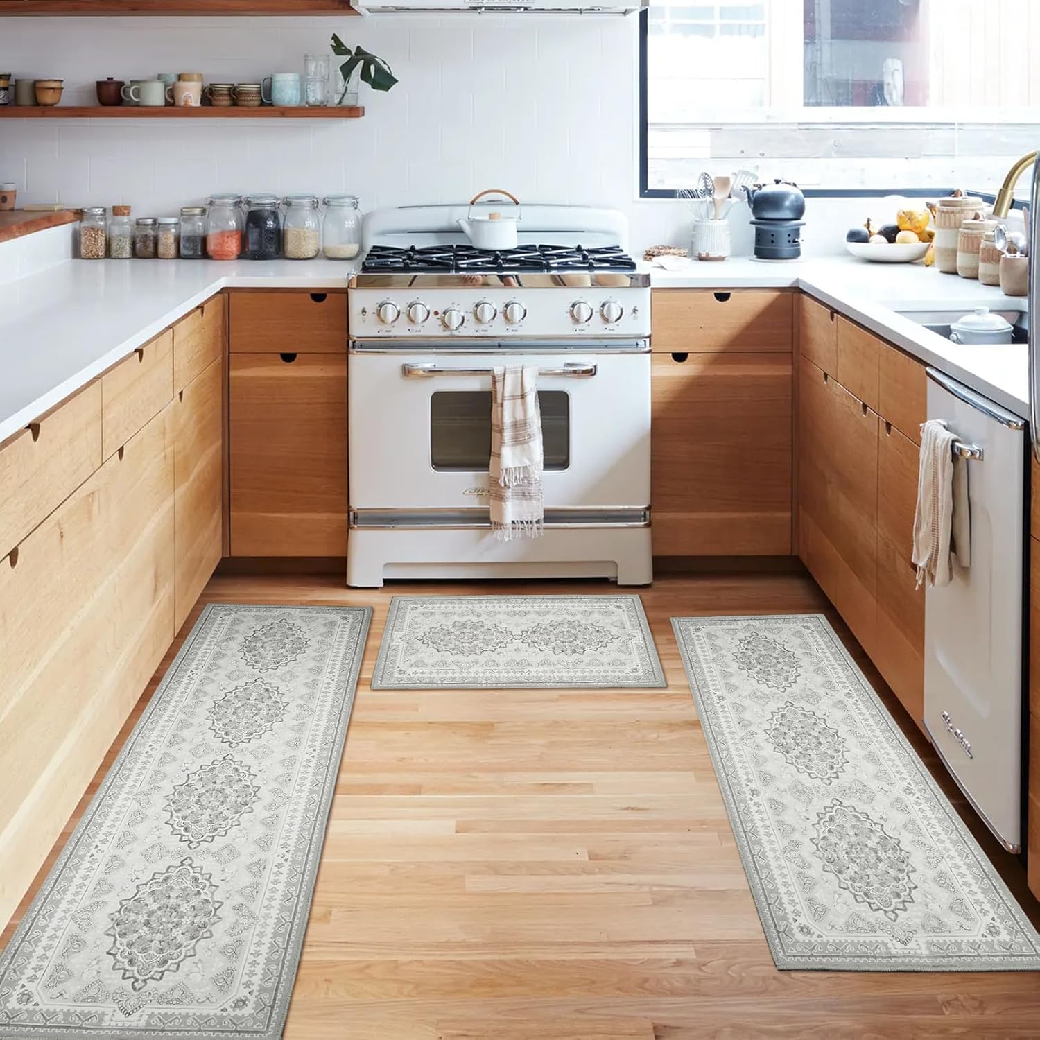 Boho Kitchen Rugs Sets of 3 Piece,Farmhouse Kitchen Area Rug Floor Carpet Runner Rugs,Non Slip Washable Kitchen Mats Set for Kitchen Floor Bathroom Laundry Office Sink （Grey White）