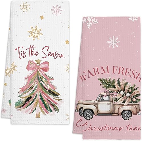 Miniatura 14 de Toallas de cocina de Navidad - Rosa, toallas de mano absorbentes con diseño de moño de Papá Noel y cuadros de búfalo, decoración festiva de invierno