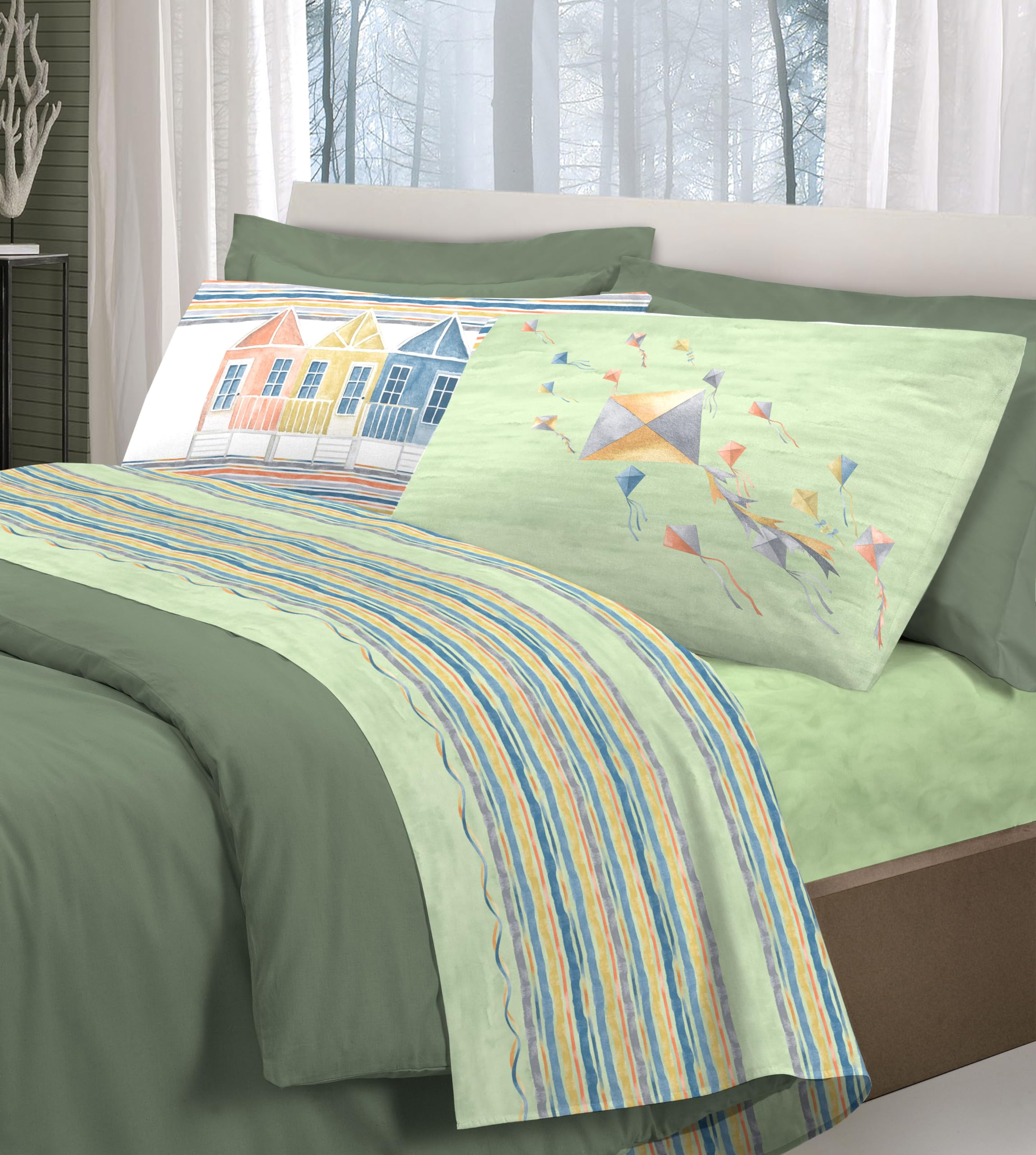 HomeLife Set Completo Lenzuola Matrimoniali Cotone Fantasia Made in Italy | Completo Letto Matrimoniale 100% Cotone, OEKO-TEX, Stampa Digitale, Lenzuolo Sopra, Sotto, 2 Federe | Aquiloni, Verde