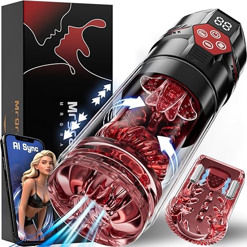 Mrgras Male Masturbator Penis Pump - AI Sync Male Sex Toys for Men with 12 S Vacuum Pump & 7 Thrusting Rotating Vibrating Sucking Licking Adult Toys Mens Sex Toys Pocket Pussy Pumps & Enlargers - Red