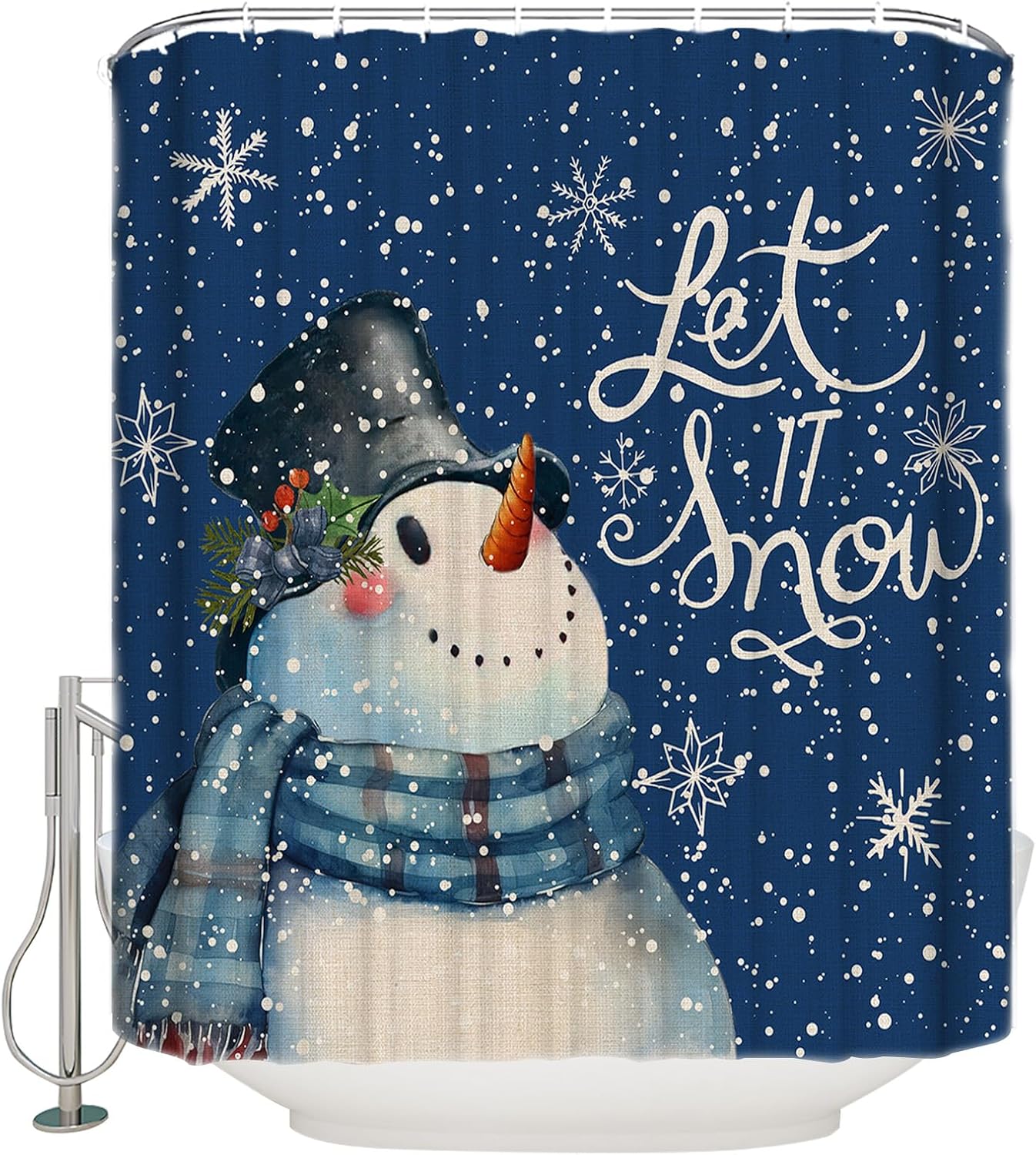 Blue Snowman Christmas Shower Curtain Set - Small 36" x 72" Xmas Winter Snowflake Washable Bathtub Curtain with 12 Hooks, Let Snow Waterproof Fabric Stall Shower Curtains for Bathtub/Bathroom Décor