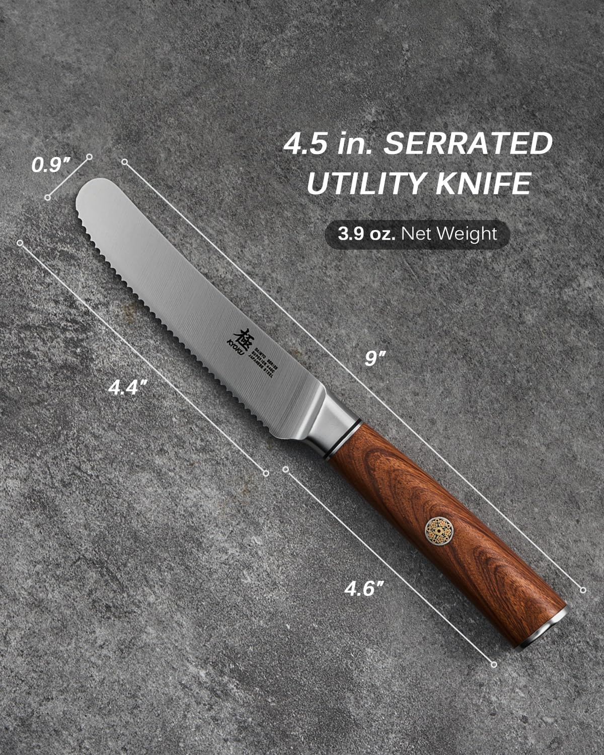 KYOKU 4.5 in. Serrated Utility Knife, Daimyo Series Sandwich Knife with Serrated Blade 440C Stainless Steel Blade, with Mosaic Pin Rosewood Handle, with Sheath & Gift Box