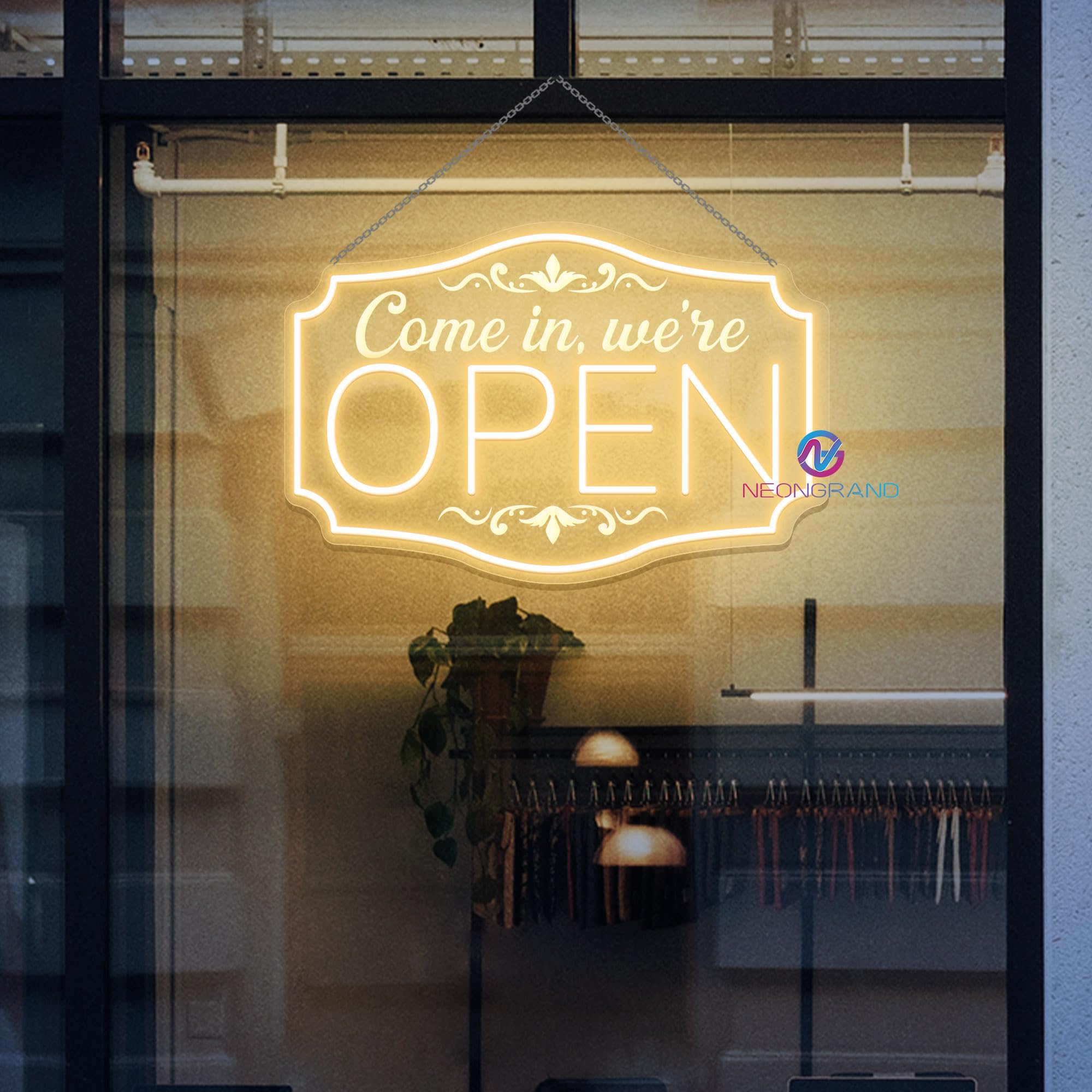 LED Neon Open Sign for Business, CHARGER included, Adjustable Brightness Neon Lights for Party Bar Salon Stores Hotel Wall Decor Come in we're Open (16.5x11'')