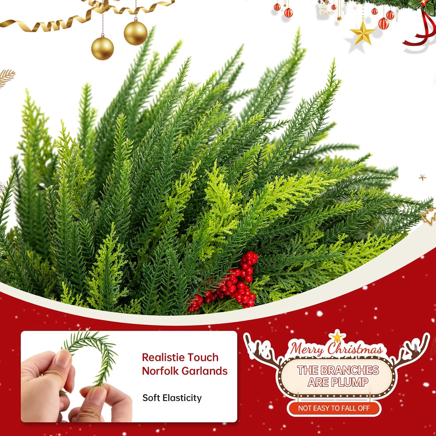26" Real Touch Norfolk Pine Wreath with DIY LED Light, Artificial Christmas Wreaths Faux Pine Needles Green Wreath for Walls Windows Porches Farmhouse Indoor Outdoor Home Decor
