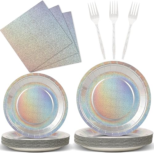 Vajilla holográfica iridiscente brillante, vajilla láser, vajilla iridiscente, platos desechables, servilletas para despedida de soltera,