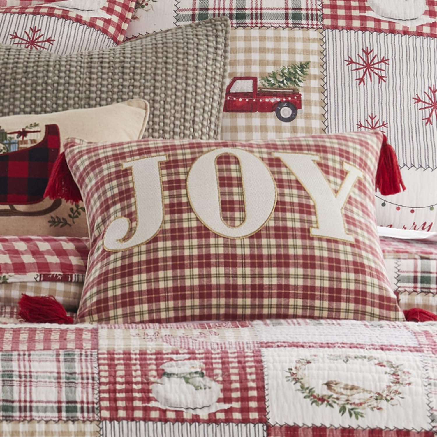 Levtex Home - Home for Christmas - Decorative Pillow (14x18in.) - Joy Plaid - Red, Green, Taupe and Cream