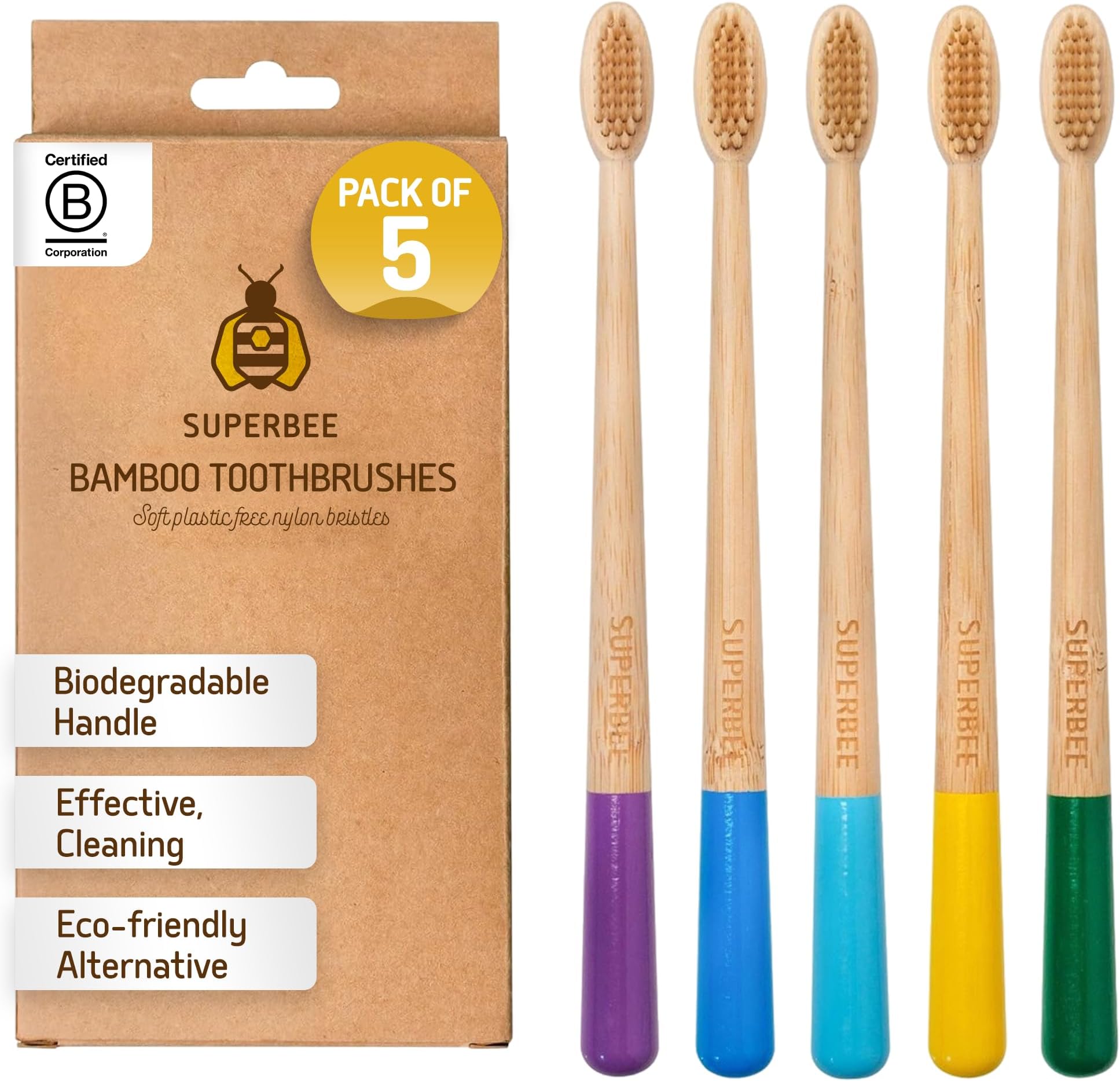 SuperBee Dentos Bamboo Toothbrushes – 5 Pack Soft Bristle Brushes for Adults & Kids, Colored Handles, Biobased Natural Toothbrush Set for Travel, Plastic-Free Oral Care Kit, Sustainable Choice