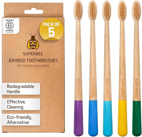 SuperBee Dentos - Cepillos de dientes de bambú – Paquete de 5 cepillos de cerdas suaves para adultos y niños, asas de colores, juego de cepillos de