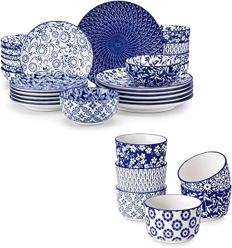 vancasso SELENE Plates and Bowls Set for 6, 24 Pieces Dinnerware Sets, and 6 oz Ceramic Ramekins Set of 6, Microwave & Dishwasher Safe