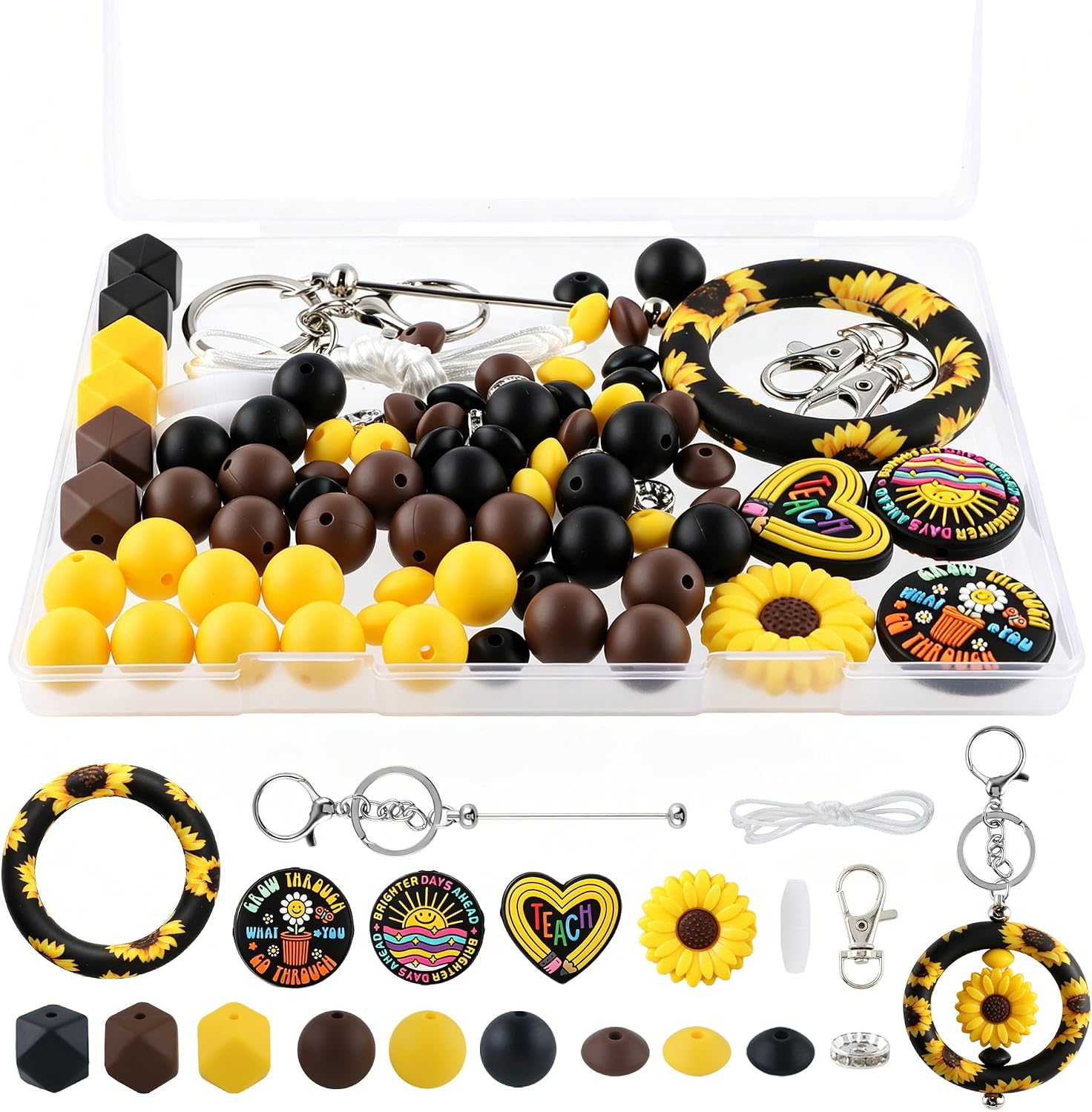 Midouha 87PCS Silicone Beadable Rings, Keychain Making -Yellow Sunflower Color DIY Craft Supplies with 65mm 15mm 14mm 12mm Silicone Beads for Keychain, Bracelet, Car Charm