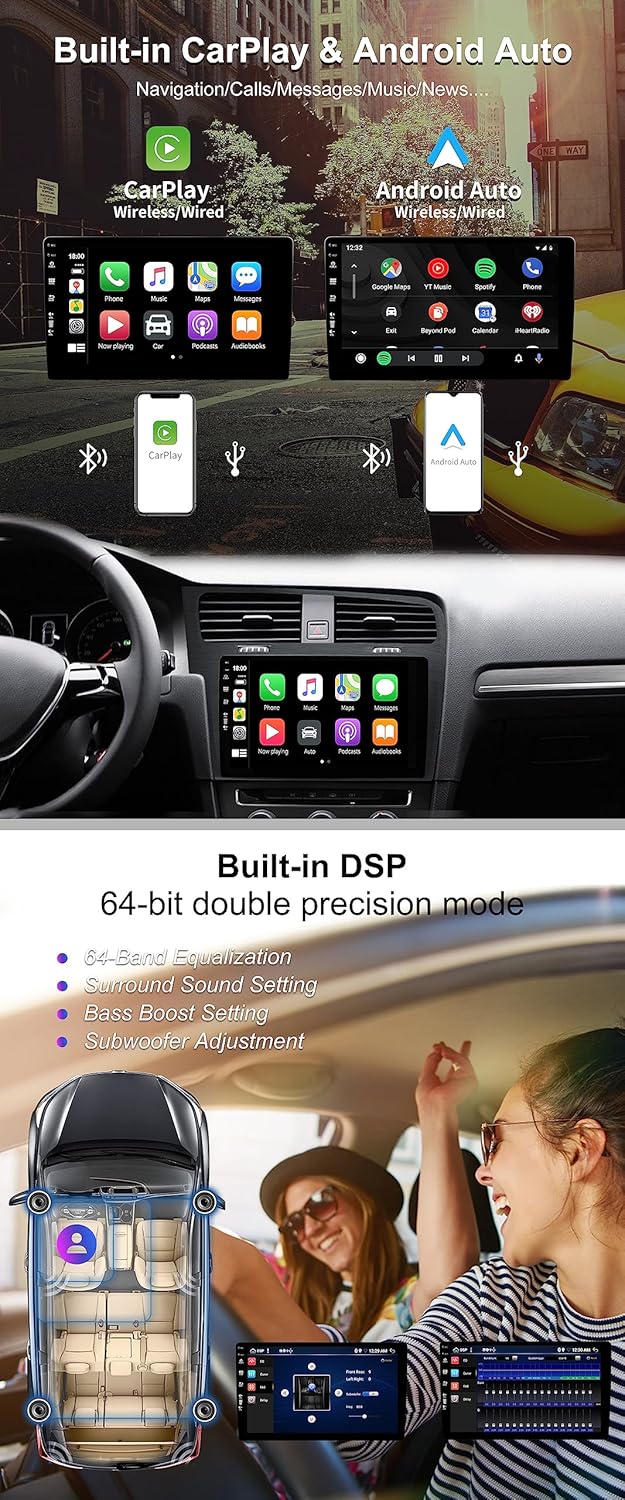 Screenshots and diagrams illustrating Apple CarPlay and Android Auto functionality, along with DSP sound settings.