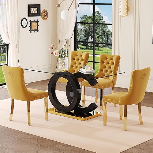Miniatura 16 de Juego de mesa de comedor de cristal de 63 pulgadas para 6, juego de mesa de comedor moderno para 6, mesa de vidrio templado con patas negras en Mesa