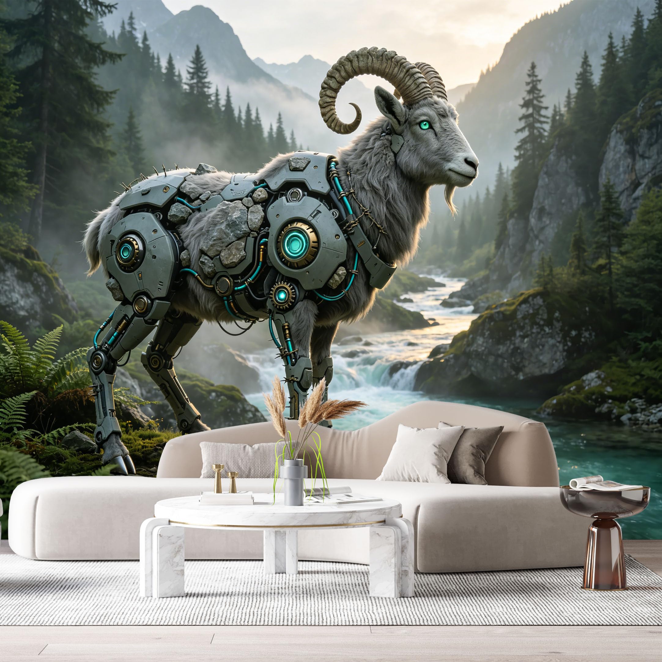 Custom Size Wall Mural Mechanical Mountain Goat Mech SciFi Nature Hybrid Futuristic Animal Cyberpunk Metal Texture SelfAdhesive Art Prints Removable Large Wallpaper Esports Game Room Studio