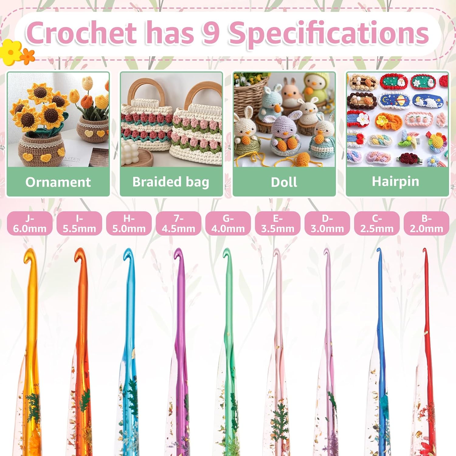 40 Pack Crochet Hooks Set, 9 PCS 2mm(B)-6mm(J) Ergonomic Floral Resin Grip Crochet Handles Yarn Knitting Needles Kit with Case for Arthritic Hand, Ideal Starter Kit for Crocheting Beginners and Lovers