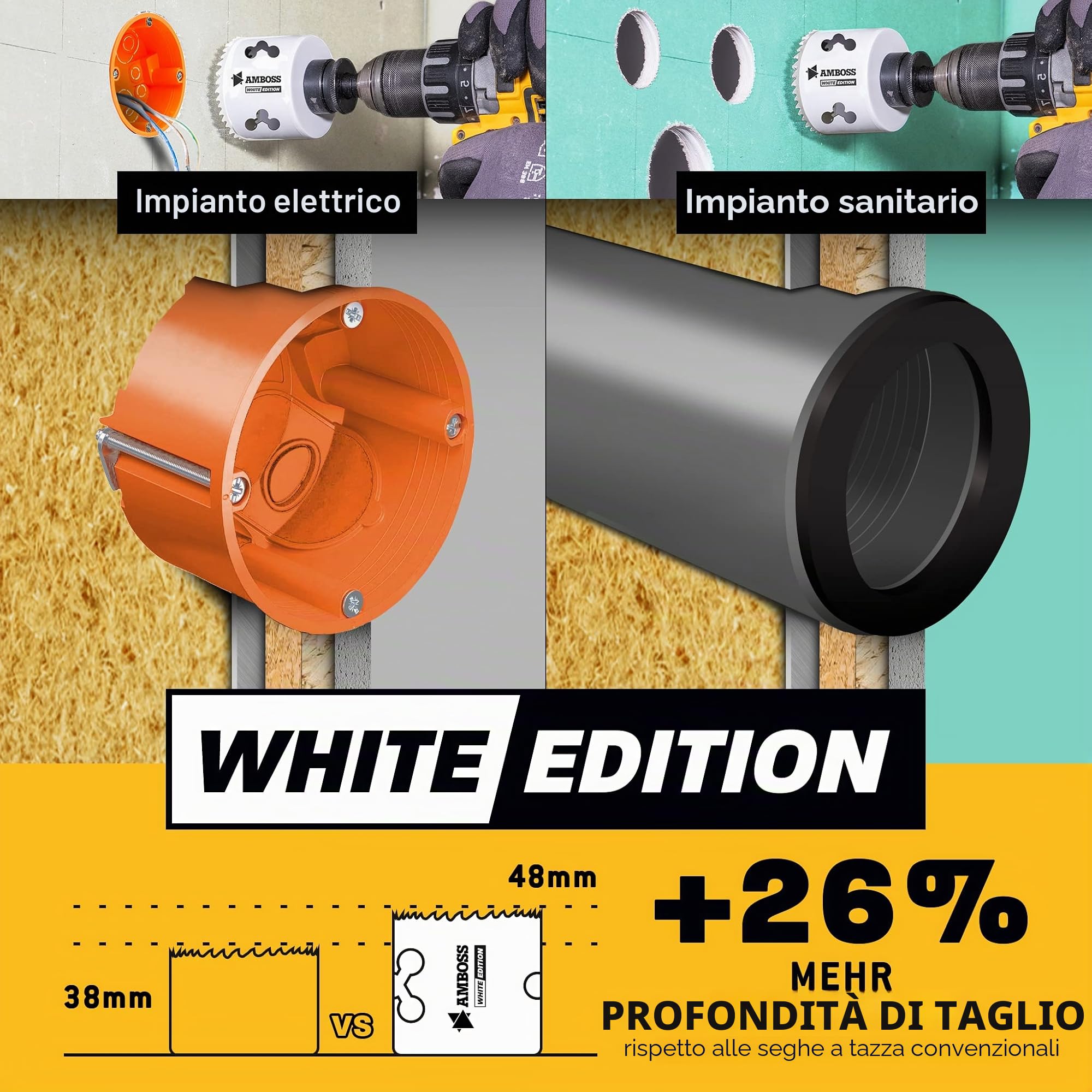 Amboss M 42 - Set di seghe a tazza bimetalliche, Ø 19-83 mm (17 pezzi), per alluminio, acciaio, cartongesso, legno, ecc. White Edition 17 Universal Power Set