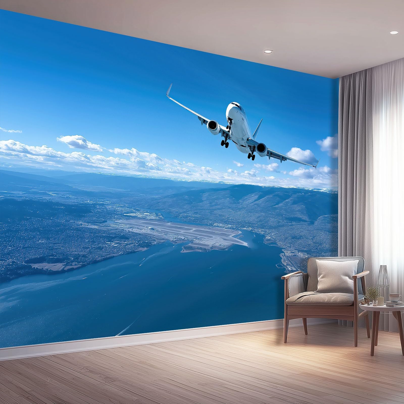 Papier peint intissé moderne bleu 200x140 cm à photographie d'avion